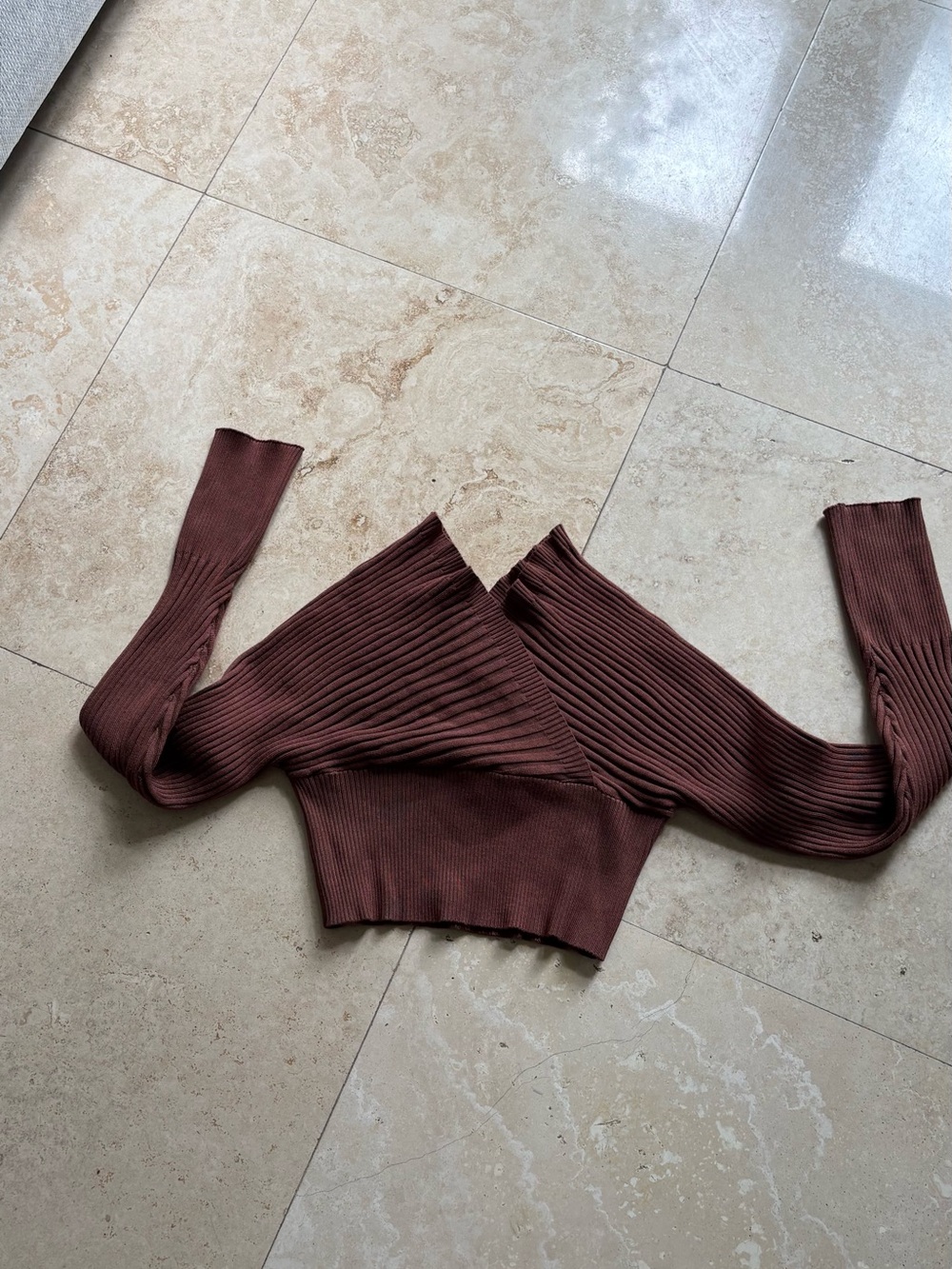 Ribbed Wrap-Front Long Sleeve Top - Brown